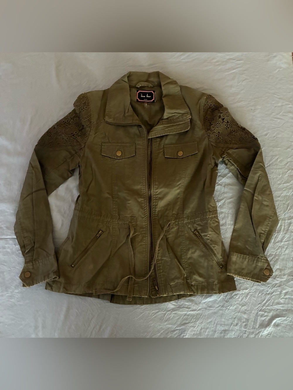 Olive Lace-Shoulder Utility Jacket - Love Tree
